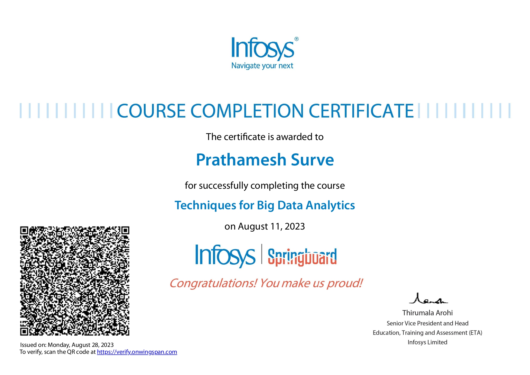 Techniques for Big Data Analytics Certificate by Infosys Springboard
